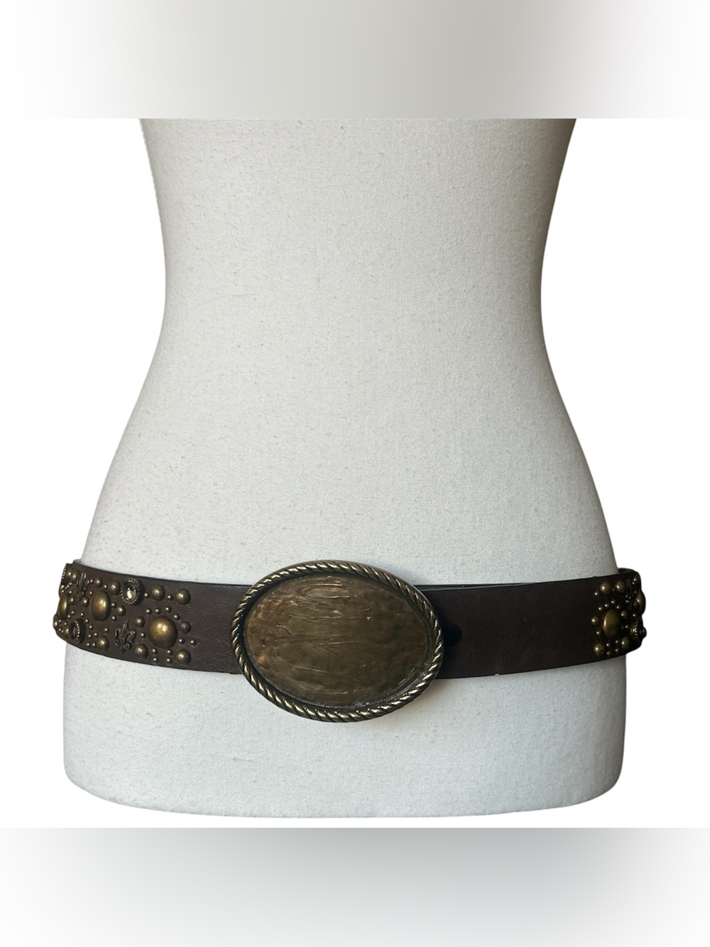 Y2K Western Style Brown and Gold Fleur de lis Studded Buckle Belt
